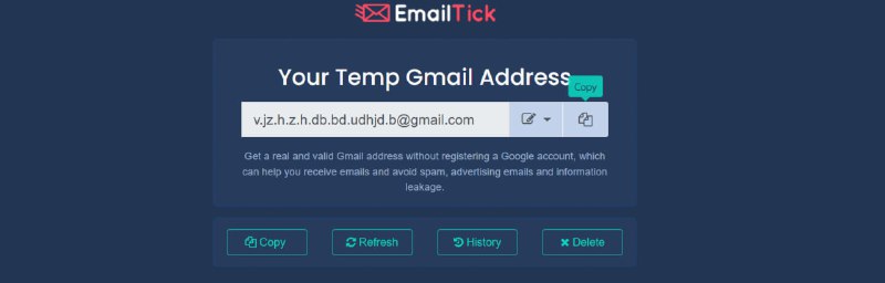 📧 EmailTick：免费临时 Gmail 生成器即开即用 · 隐私保护 · 拒绝垃圾邮件📌 项目介绍：EmailTick 是一款强大的临时邮箱工具，可即时生成临时 Gmail 地址