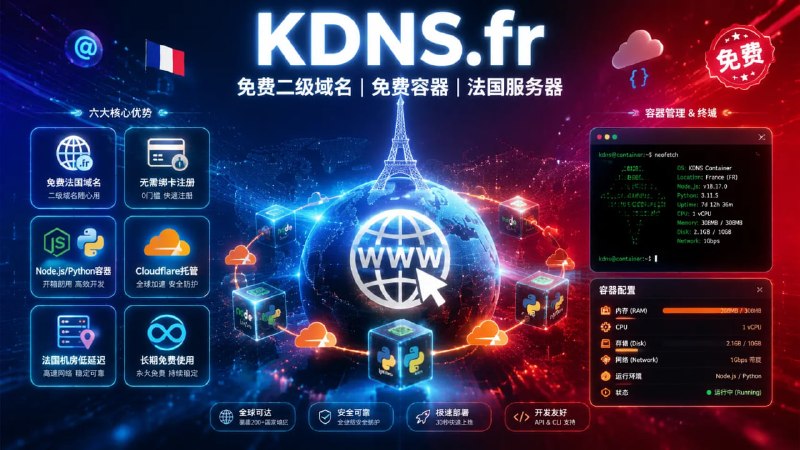 🌐 🔁 KDNS.fr📦 免费二级域名 ｜ 免费容器 ｜ 法国服务器