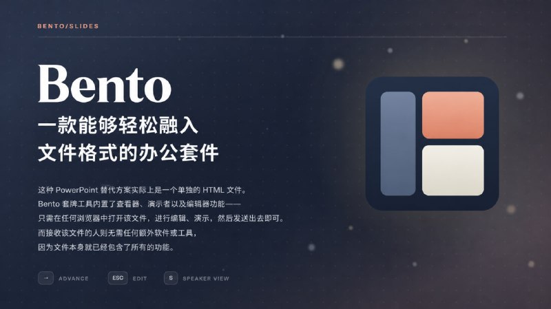 Bento Slides 真正的动画、视频、实时图表和网页级设计，全都汇聚在一个 HTML 文件中——它既是文档，也是编辑器，同时还是播放器