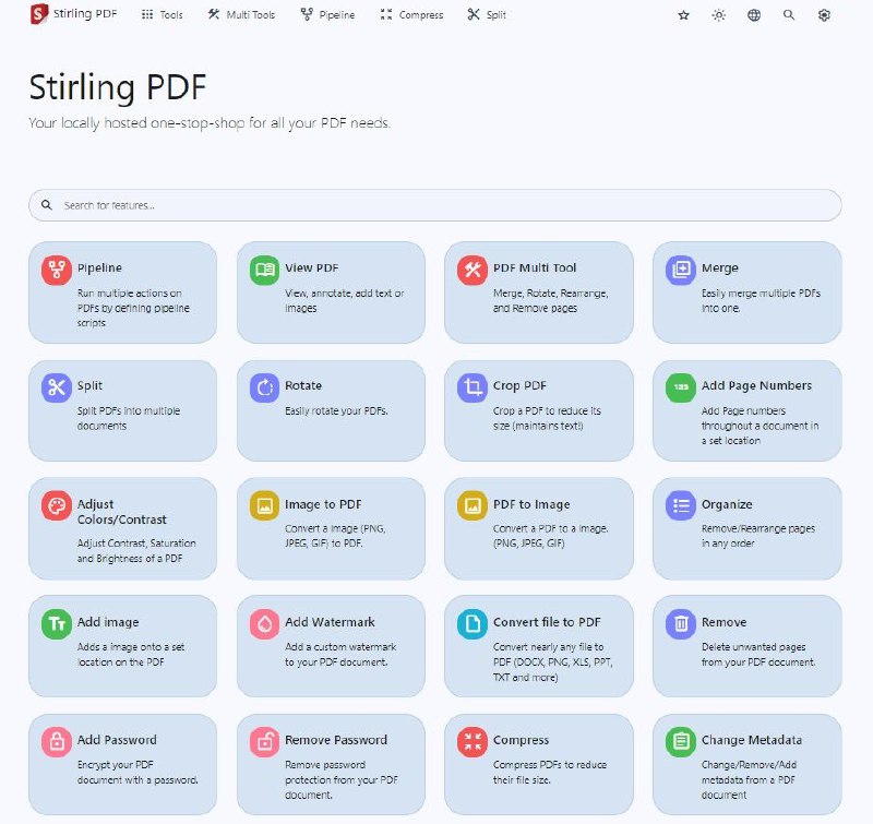 Stirling-PDF 一款强大且全面的本地托管的 PDF 文件管理工具，专为需要频繁处理 PDF 文件的用户设计
