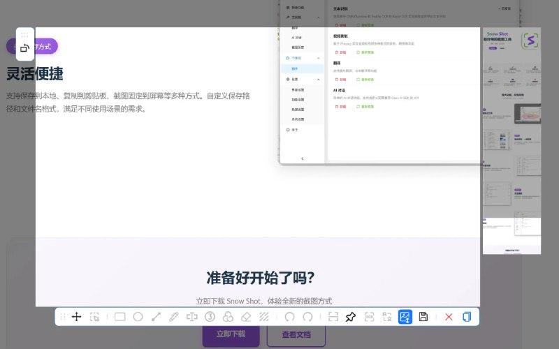 Snow Shot超好用的截图工具，插件系统：安装包体积小巧，下载快速，通过插件获取视频录制、文本识别、翻译、AI 对话等功能支持