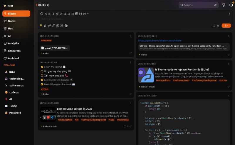 Blinko 开源自托管的 AI 笔记工具一款开源的个人 AI 笔记应用，专为注重隐私和高效记录的用户设计