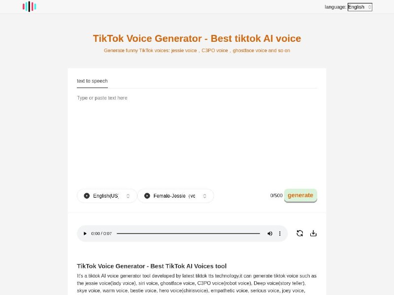 TikTok语音生成器一个免费在线的 TTS 工具，包含 15 种语言，近 100 个 TikTok 热门声音