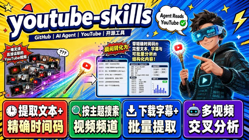 🎬 youtube-skills：让 AI Agent 直接与 YouTube 内容交互📦 GitHub ｜ AI Agent ｜ YouTube ｜ 开源工具