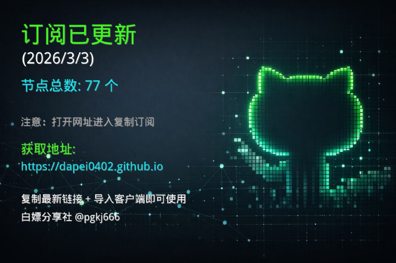 🔔 订阅已更新（2026/3/3）  当前节点数量：77个📡 更新说明：  订阅链接已完成更新  当前节点总数：77个  请及时在代理客户更新订阅链接⚠️ 使用步骤：  打开下方网址  进入页面后复制最新订阅链接  导入客户端即可正常使用🚀 获取地址：  