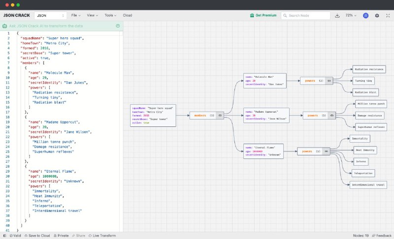 JSON Crack 是一款免费的开源数据可视化应用程序，能够将 JSON、YAML、XML、CSV 等数据格式可视化为交互式图表
