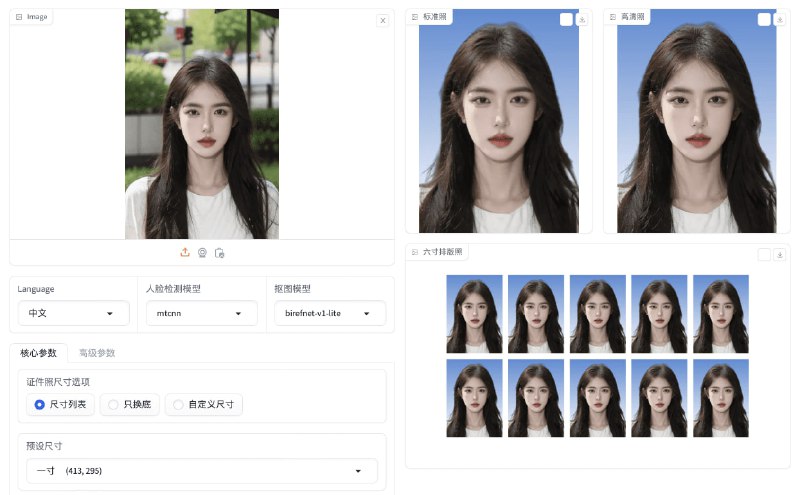 HivisionIDPhoto 轻量级抠图（纯离线，仅需 CPU 即可快速推理）根据不同尺寸规格生成不同的标准证件照、六寸排版照
