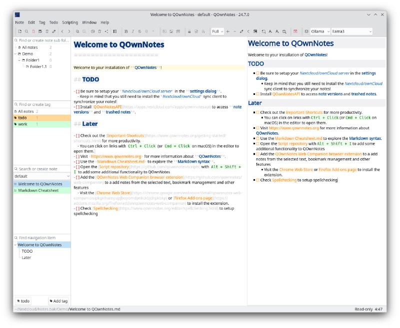 QOwnNotes | 免费开源的纯文本文件 Markdown 笔记功能，支持 Nextcloud / ownCloud 集成免费开源的跨平台笔记应用，支持纯文本 Markdown 编辑、实时预览以及待办事项管理，可在 Windows、macOS 和 Linux 上运行，并与 Nextcloud/ownCloud Notes 深度集成，实现跨设备同步和纯文本存储