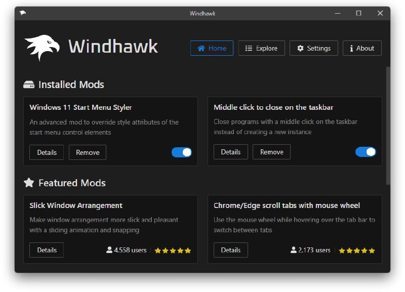 Windhawk | Windows和程序的定制市场稳定性和性能是Windhawk的高度优先考虑