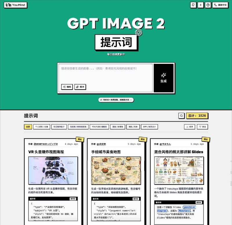 GPT Image 2的提示词百科全书1849 条精选提示词全是实战案例，啥场景都有，每条提示词的作者、来源都有，还有个带图库的网页版，能搜能筛选～