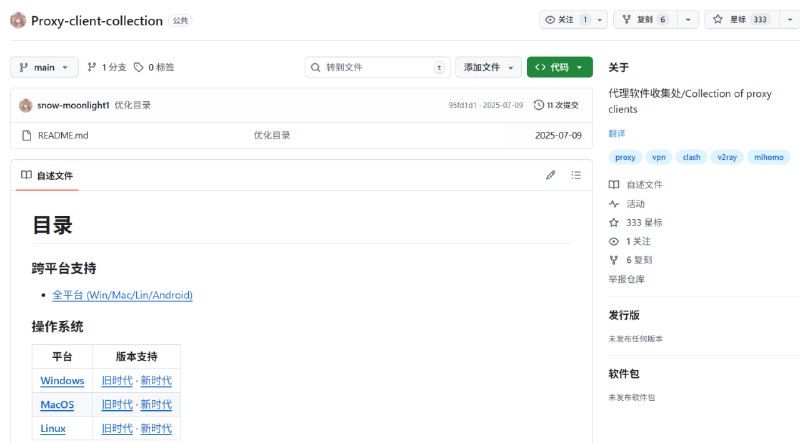 代理软件收集处一个开源的代理客户端软件大全，项目按照平台分类整理了各类代理 / VPN / 间接连接工具，包括 Windows、macOS、Linux、Android、iOS、HarmonyOS NEXT、OpenWrt 等