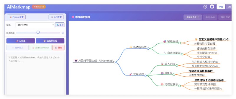 AiMarkmap 基于 AI 的在线思维导图生成工具一个零依赖前端单文件 HTML 应用，用户可输入文本、Markdown 或粘贴内容，由 大语言模型（如 GPT-4o-mini、Claude 等）提炼关键信息并自动生成结构化的 可交互思维导图